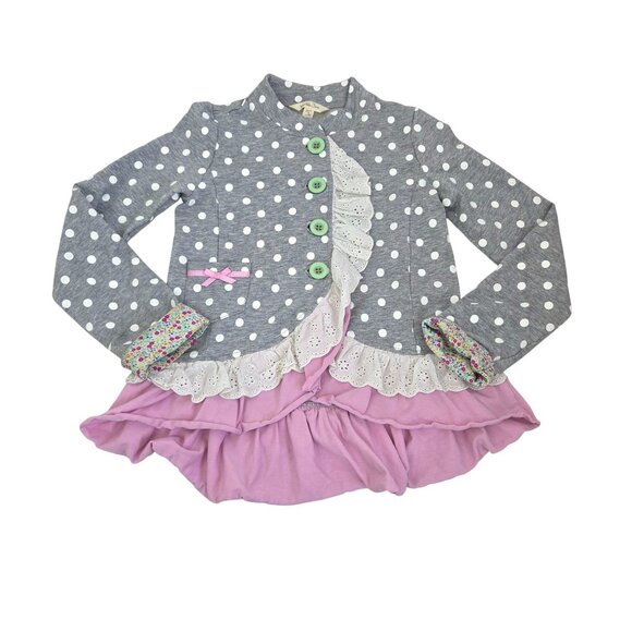 Matilda Jane Lead the Way Jacket 6 Gray polka dot eyelet trim pink ruffle 4172 - Picture 1 of 10
